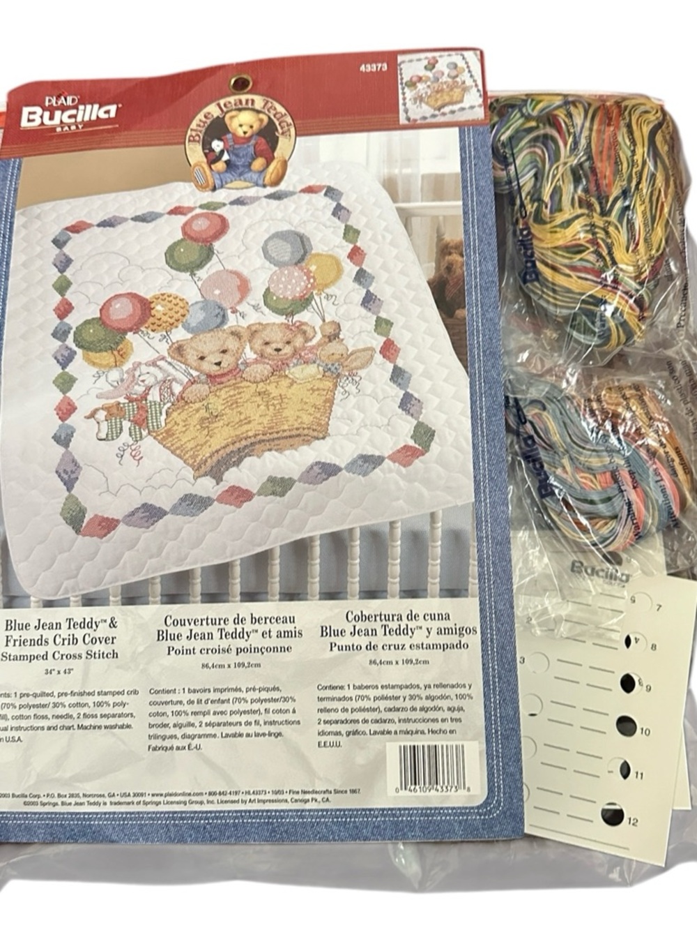 Blue Jean Teddy & Friends Crib Cover Stamped  Cross Stitc Nursery Vtg OPEN NEW